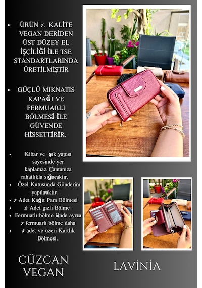 Lavinia Bordo Vegan Deri Kadın Cüzdan Fermuarlı Ve Mıknatıslı 16x9 Cm Bordo