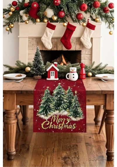 Yılbaşı Konseptli Runner Yılbaşı Dekorasyon Masa Örtüsü Noel Merry Christmas Kırmızı Örtü Kırmızı - 807138394 Kırmızı