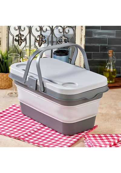 Bigmate Portatif Katlanır Piknik Seti 25lt Silikon Sepetli Masalı Piknik Sepeti Gri