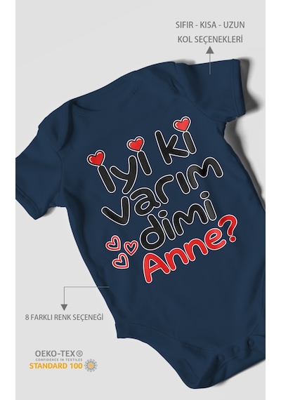 Morivokids İyi Ki Varım Dimi Anne Kısa Kollu Bebek Body %100 Pamuk Lacivert