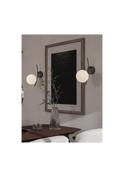 Lal Modern Yay Formlu Duvar Apliği - Siyah Metal Gövde Ve Beyaz Küre Cam Led Uyumlu 2'li Set Siyah-beyaz