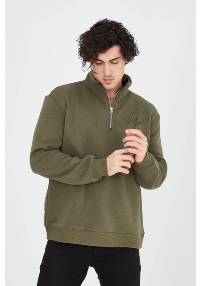 Erkek Yarım Fermuarlı Baskılı 3 İplik Pamuklu Sweatshirt - Yeşil YESIL