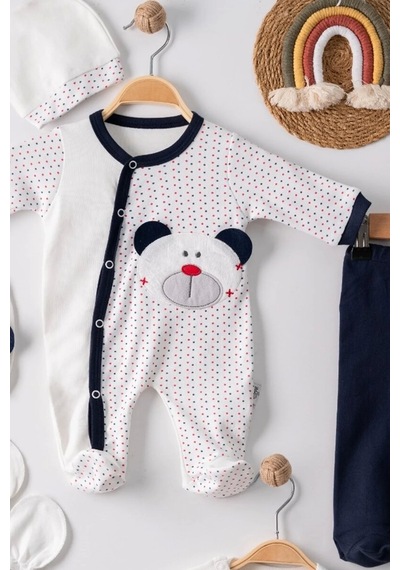 Cojans Puanlı Ayıcık Nakışlı Tulumlu % 100 Pamuk Erkek Bebek 5'li Set Çok Renkli