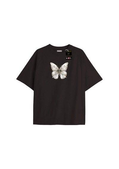 Flood Of Style Siyah Oversize T-shirt Taş Desenli Kelebek Özel Tasarım