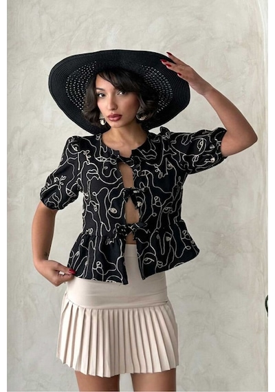 Verymoda Önden Bağlamalı Nakışlı Bluz D2788 Siyah
