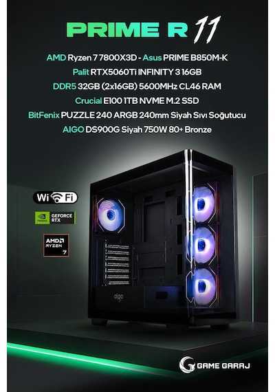 Game Garaj PRIME-R11 R7-7800X3D 16 GB RTX5060Ti 32 GB 1 TB SSD Free Dos Oem Paket Masaüstü Oyuncu Bilgisayarı