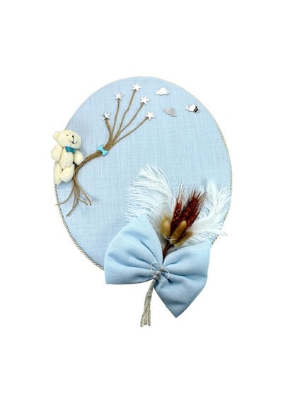 Süslebabypartystore Kuru Çiçek Tanzimli, Ayıcıklı, Isimli Oval Kapı Süsü, Mavi