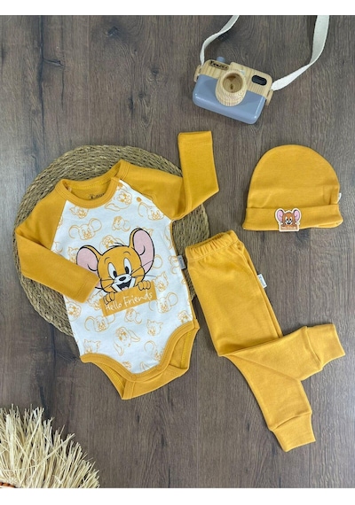 2d2b Hello Friends Alttan Çıtçıtlı Bereli Unisex 3lü Bebek Takım Sarı