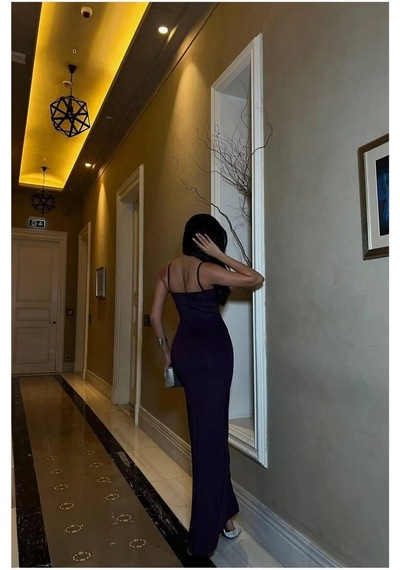 Veraura Lifestyle Kadın Modern Tasarım Yaka Taş Detaylı Askılı Abiye Elbise Mor