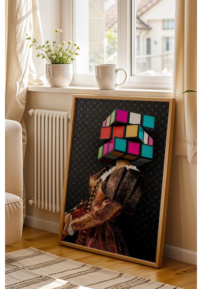 Rubik Küpü Kafalı Kadın Çerçeveli Tablo Rönesans Tarzı Renkli Küp Başlıklı Modern Ofis Dekoru Modifiye Sanat