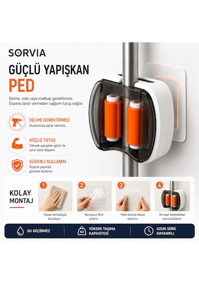 3'lü Duvara Monte Yapışkanlı Sap Tutucu, Mop Tutucu, Süpürge Tutucu, Şemsiye Tutucu, Kaymaz Kauçuk Silikon Organizer Askılık 3 Adet Beyaz - Turuncu