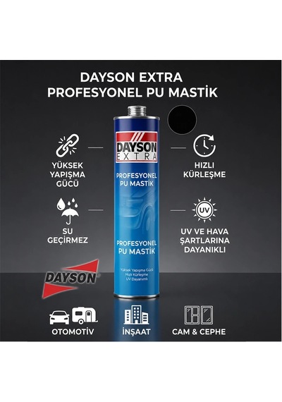 Dayson Extra Poliüretan Mastik Silikonize Yapıştırıcı, Siyah Renk, 280 Ml Çok Renkli