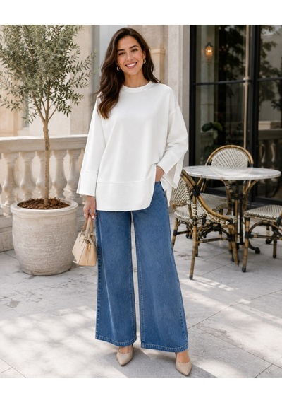 Unika Boutique Kadın Oversize Yırtmaçlı Uzun Kollu Salaş Bluz Beyaz