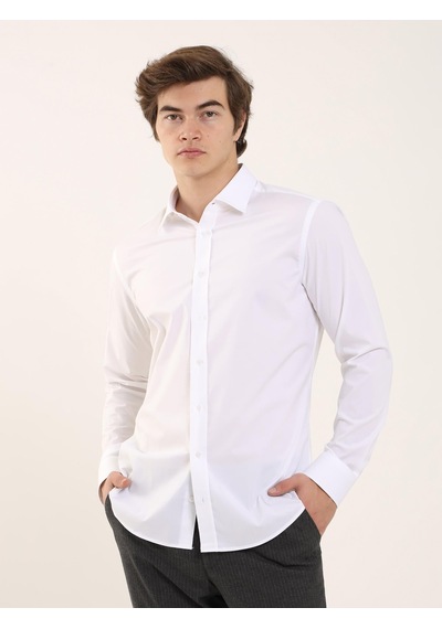 Dufy Beyaz Erkek Slim Fit Klasik Yaka Uzun Kol Gömlek - 103129 Beyaz