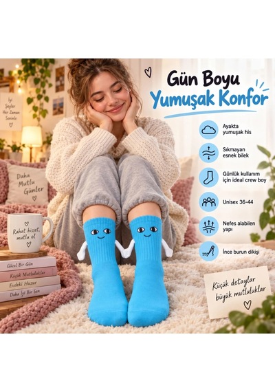 Womanandkids Wak Mıknatıslı El Ele 2'li Unisex Tutuşan Sevimli Çorap 36-44 Çift Hediyesi, Pamuklu Renkli Crew M Mavi