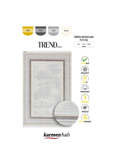 Trend Tr003s Bej Akrilik Pamuk Modern Yumuşak Mutfak Yatak Odası Salon Oturma Odası Halısı-1092 Gri - Gold