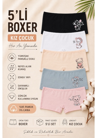 Nicoletta Kız Çocuk Boxer Külot 5 Li Paket Pamuklu Likralı Çok Renkli