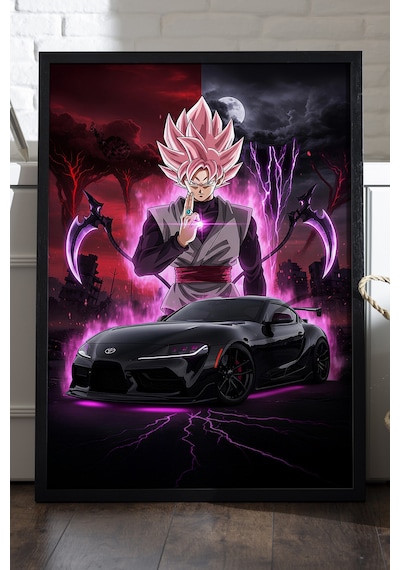 Goku Supra Siyah Ahşap Çerçeveli Poster, Dekoratif Anime Araba Duvar Tablosu