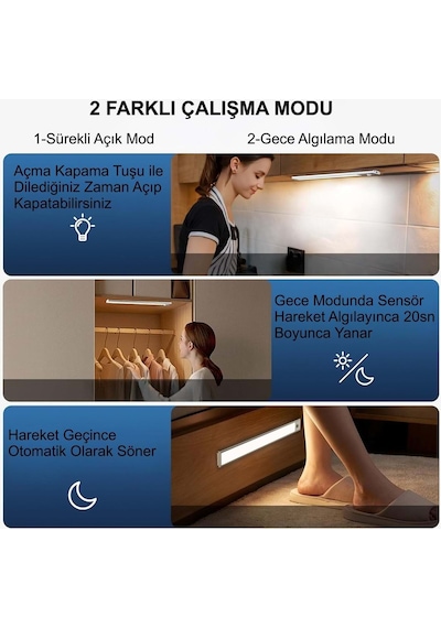 Plentiful Hareket Sensörlü Şarjlı Kablosuz Usb Şarjlı Led Gece Lambası 3 Renk Kısılabilir Mutfak Dolap Tezgah Aplik Gümüş