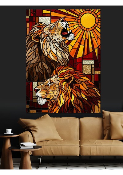Ahşap Tablo Vitray Tarzı Aslan Portresi Dekoratif Tablolar