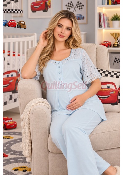 Lady Bebe Mavi Renkli Dantel Detaylı 33207 Kısa Kol 2 Parça Lohusa Hamile Pijama Takımı Açık Mavi