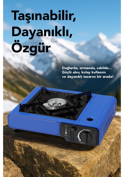 Portatif Kamp Ocağı - Taşıma Çantalı Gazlı Stop Emniyetli Ocak 34x28x11 Cm Mavi Mavi