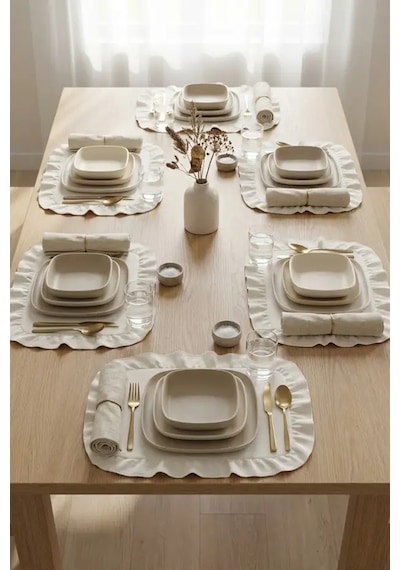 Pamuklu Fırfırlı Kare Supla 6'lı Set Amerikan Servis 33 Cm Supla Açık Krem