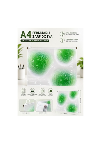 Fermuarlı Dosya Renkli A4 1 Adet Fixpoint 3073 Plastik Desenli Fermuarlı Zarf Dosya Ödev Evrak Belge Saklama Yeşil