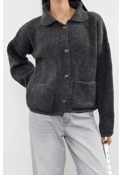 Ersefa Kadın Modern Tarz Oversize Polo Yaka Regular Triko Hırka Antrasit