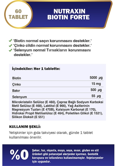 Biotin Forte 5.000 Mcg 60 Tbl - Biyotin, Çinko, Selenyum, Bakır Saç Ve Tırnak Vitamini