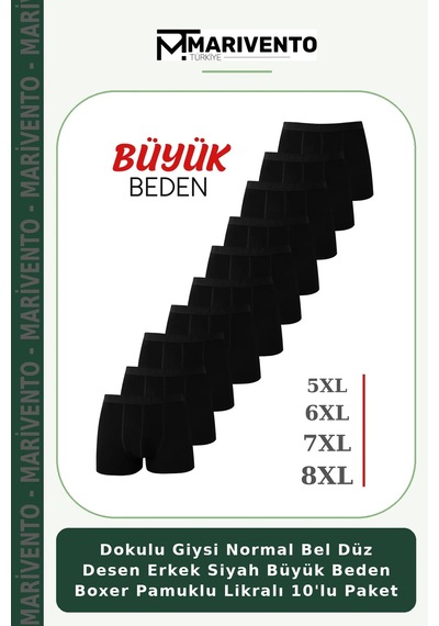 Marivento Dokulu Giysi Normal Bel Düz Desen Erkek Siyah Büyük Beden Boxer Pamuklu Likralı 10'lu Paket