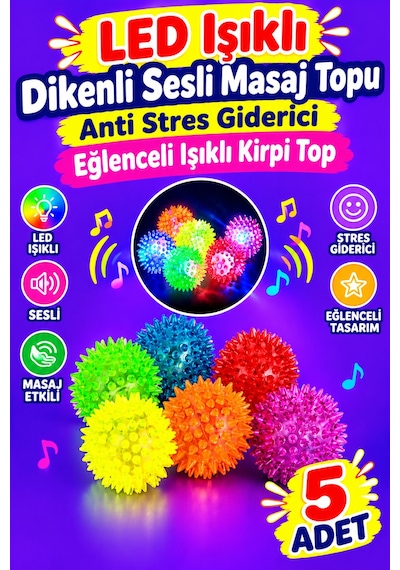 Alpmodel Led Işıklı Dikenli Sesli Masaj Topu Anti Stres Giderici Eğlenceli Işıklı Kirpi Top 5 Adet