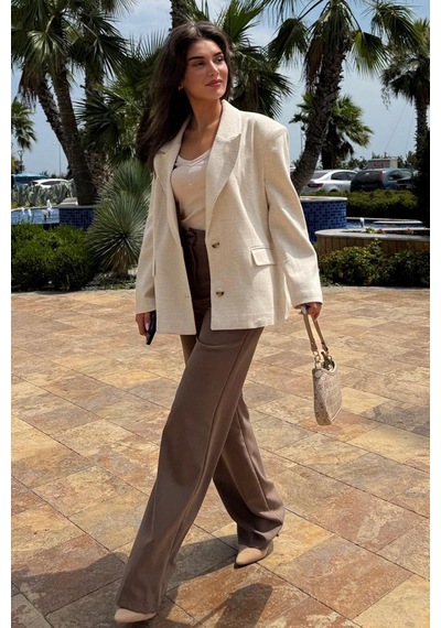 Bej Keten Blazer Kadın Ceket Mg2443 Bej