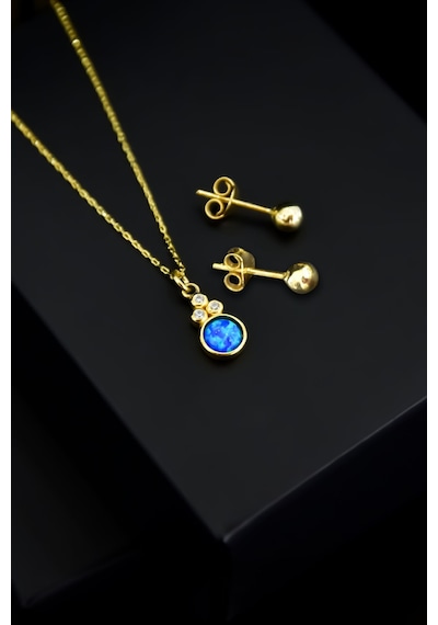 Papatya Silver 925 Ayar Gümüş Gold Kaplama Mavi Opal Yuvarlak Kolye Çivili Top Küpe Set