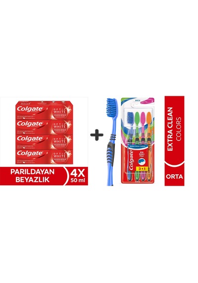 Colgate Optic White Parıldayan Beyazlık 50 Ml X4 Adet + Extra Clean Colors Diş Fırçası 3+1 Beyazlık