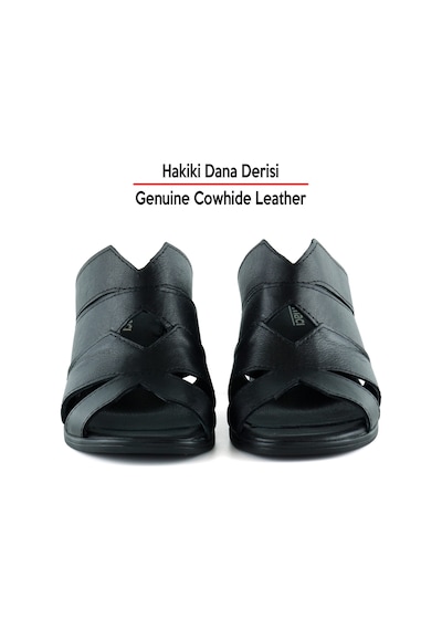 Erkan Saçmacı Bianca Siyah Hakiki Dana Derisi Önü Açık Kesik Detaylı Kalın Topuklu Günlük Terlik