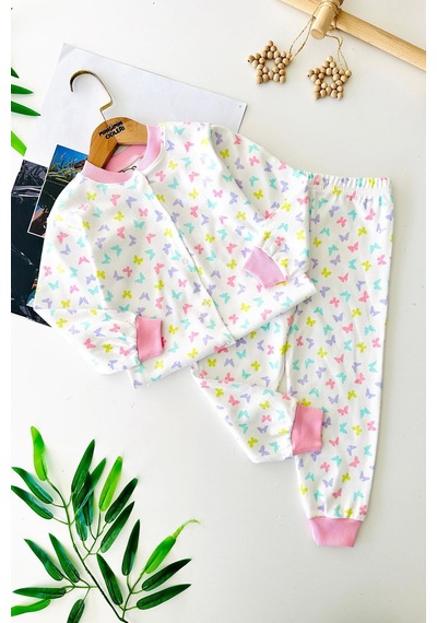 Miniğimin Cicileri Kelebek Baskılı Pamuklu Pijama Kız Çocuk Takımı - Pembe Pembe-80412