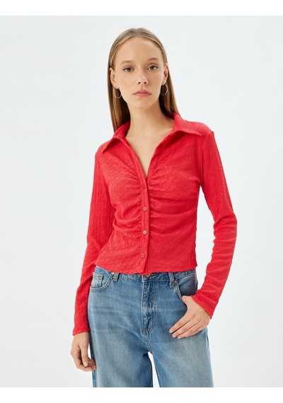 Koton Uzun Kollu Tişört Gömlek Yaka Düğmeli Slim Fit Dokulu Kırmızı 5wal10501ık Kırmızı