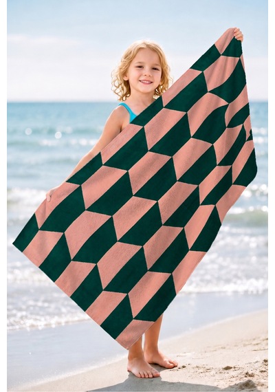 Geometrik Modern Şık Plaj Havlusu - Retro Somon Yeşil Akdeniz Hızlı Kuruyan Mikrofiber Havlu Eski Yasemin