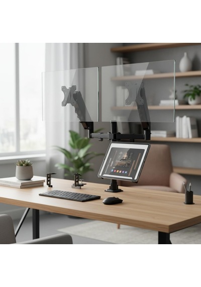 17 32 İnç Amortisörlü Çiftli Pivot Monitör Kolu Ve Tablet Kollu, Gazlı Yaylı, 2 9 Kg, Çift Montaj Seçeneği Sıkıştırma Ve Vidalama, 360 Döner, Vesa Uyumlu Stant, M03, Siyah