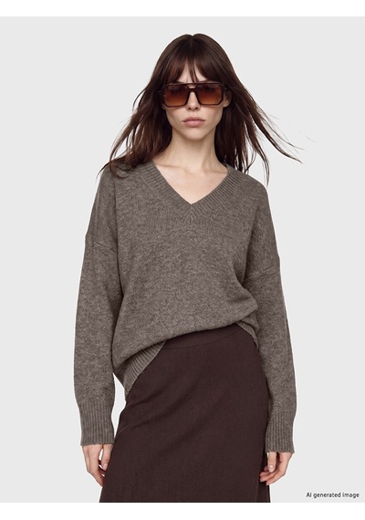 Lcw Vision Kahverengi V Yaka Oversize Kadın Triko Kazak