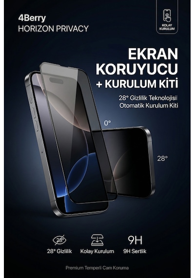 Horizon Privacy iPhone 17 Pro - Pro Max Uyumlu Ekran Koruyucu Otomatik Kurulum Kiti 28 Gizlilik Filtresi 9h Temperli Cam Anti-reflective & An - iPhone 17 Pro Max