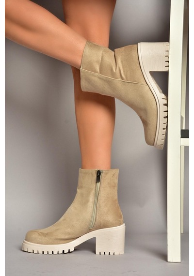 Fox Shoes T726911102 Bej Süet Kalın Topuklu Kadın Bot Bej