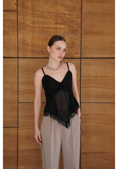 Verymoda D 2979 Askılı Dantel Detaylı Tül Bluz - D2979 Siyah