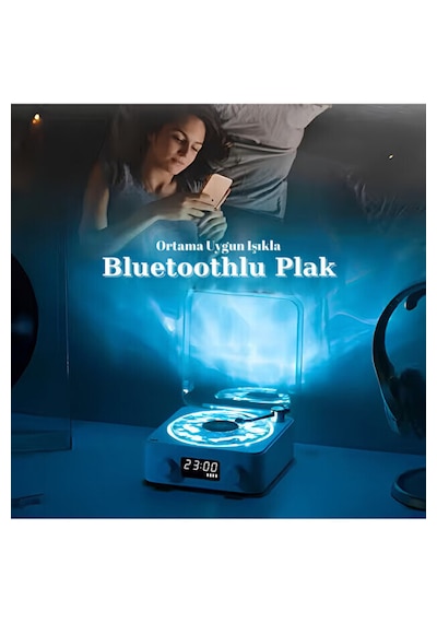 Waves Nostalji Plak Çalar Bluetooth Subwoofer 3d Ses Dalgası Retro Müzik Plak Çalar Mavi