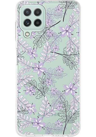 Samsung Galaxy M32 Uyumlu Kapak Floral Lila Tasarımlı Şeffaf Silikon Kılıf