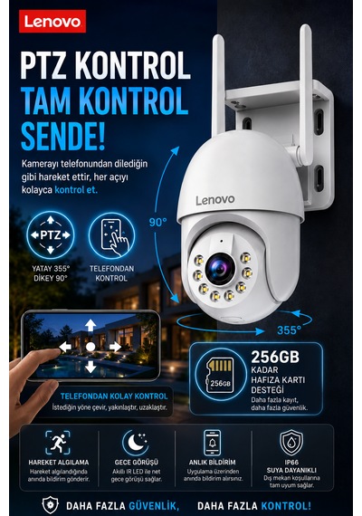 Lenovo 5mp Wifi Adaptörlü Dış Mekan Gece Görüşlü Karşılıklı Konuşma Özellikli Güvenlik Kamerası