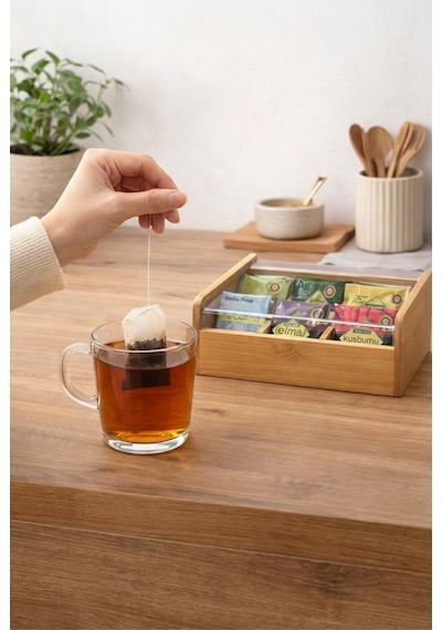 Makri Home Bambu Çay Kutusu Şeffaf Kapaklı Poşet Çay Saklama Organizatörü Bölmeli Tea Box Bambu