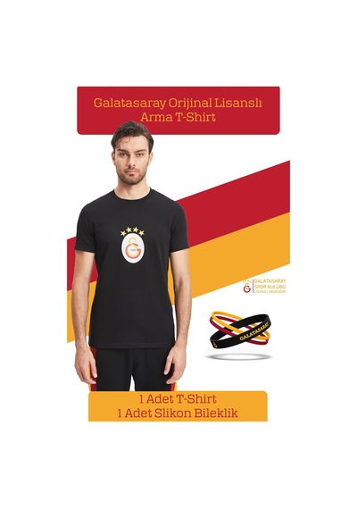 Galatasaray Lisanslı Arma T-shirt + Bileklik Set Ahşap Kutulu 100 Siyah