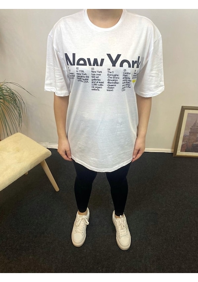 Kadın Bisiklet Yaka Oversize Kalıp New York Baskılı Tişort Spr24tsk112 Beyaz